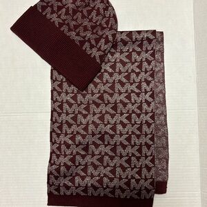 MICHAEL KORS Burgundy Silver Metallic MK Logo Scarf and Beanie Hat Set